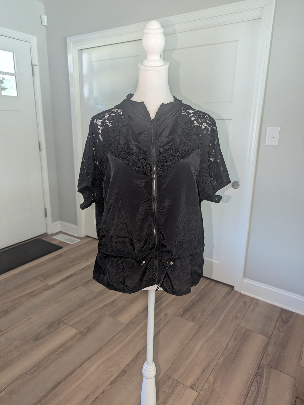 Women's Black Lace-Trim Zip Front Hooded Jacket